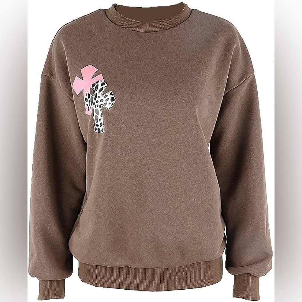 Brown Crew Neck Sweatshirt With Pink & Animal Print Cross Y2K 90’s  L